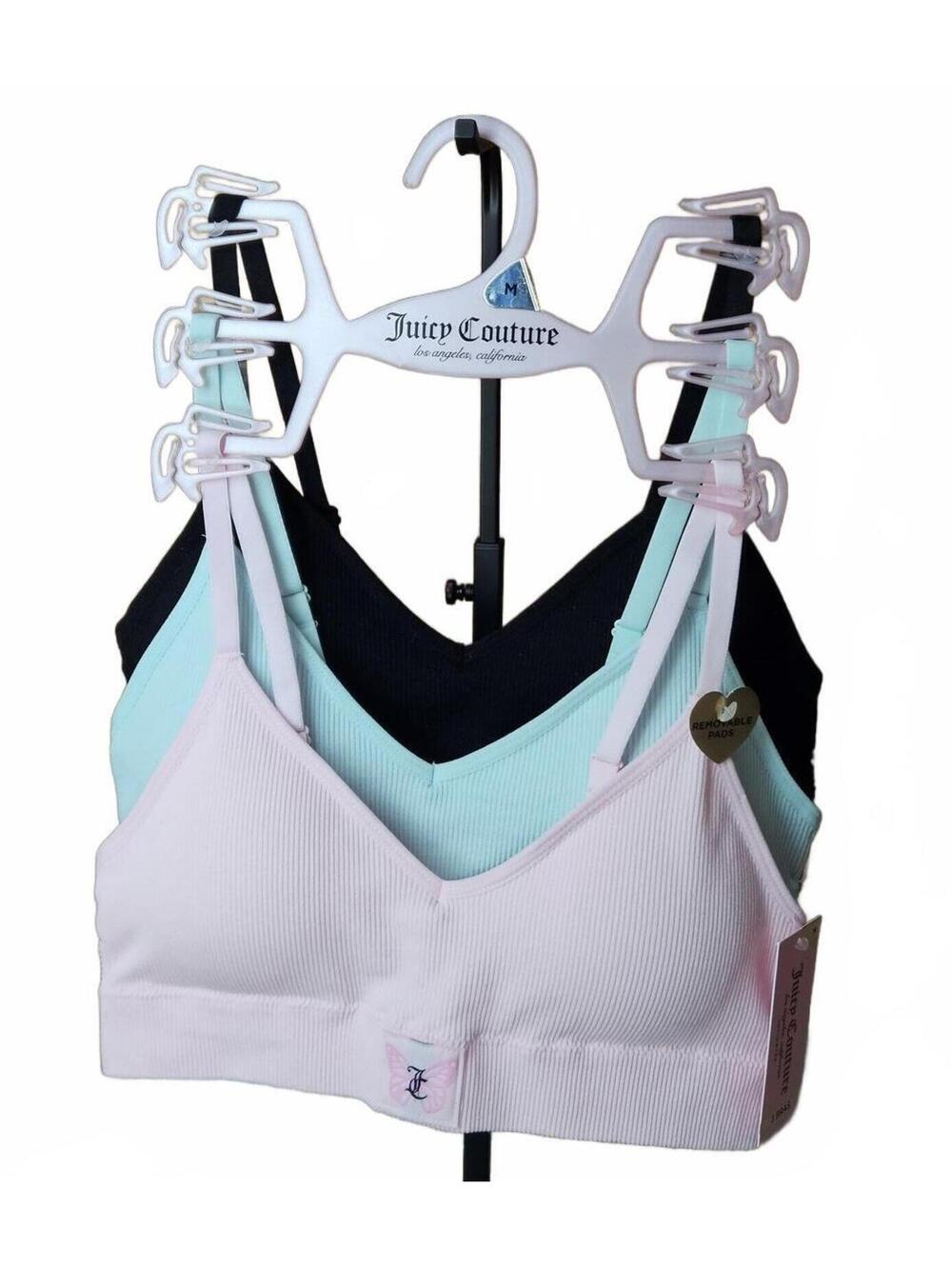 Juicy Couture 3-Pack Ribbed Bralettes Bras Removable Pads Size M Pink Aqua Black